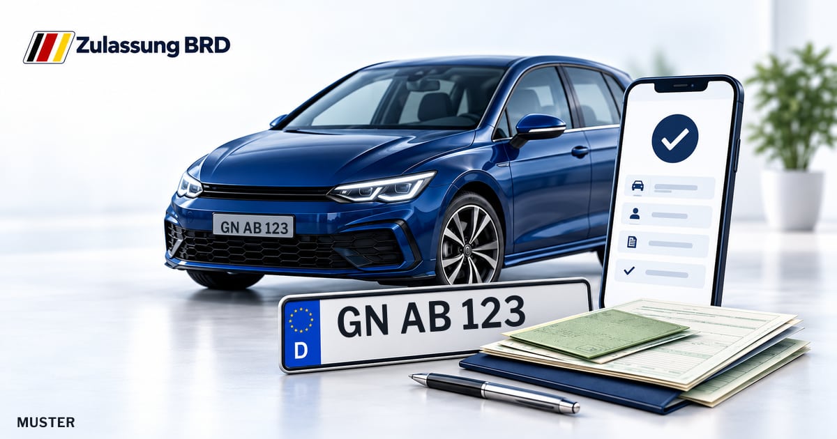 Online Fahrzeugzulassung in Main-Kinzig-Kreis: Musterkennzeichen GN AB 123, Auto und Fahrzeugpapiere und Smartphone. Illustration mit Logo von Zulassung BRD.